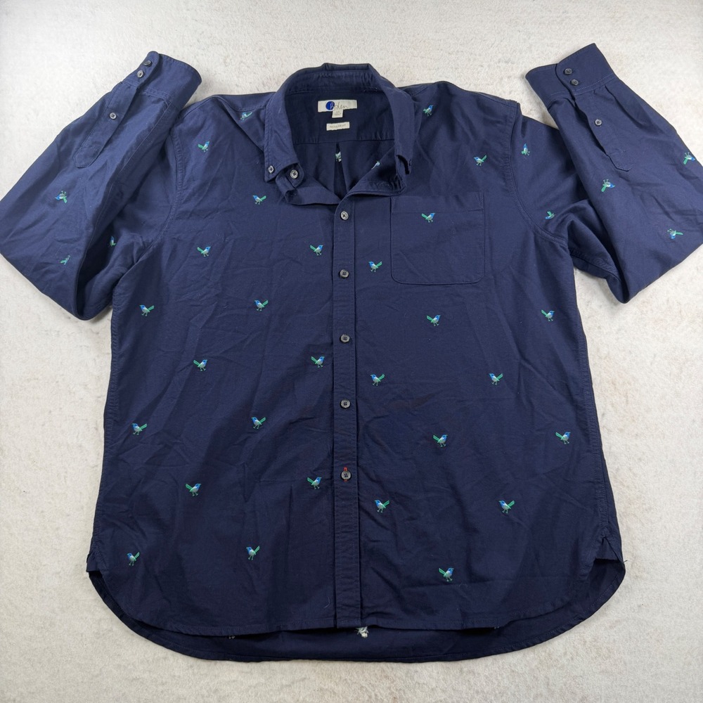 Boden Mens XL Regular Fit Navy Blue Bird Embroidered Button Down Shirt